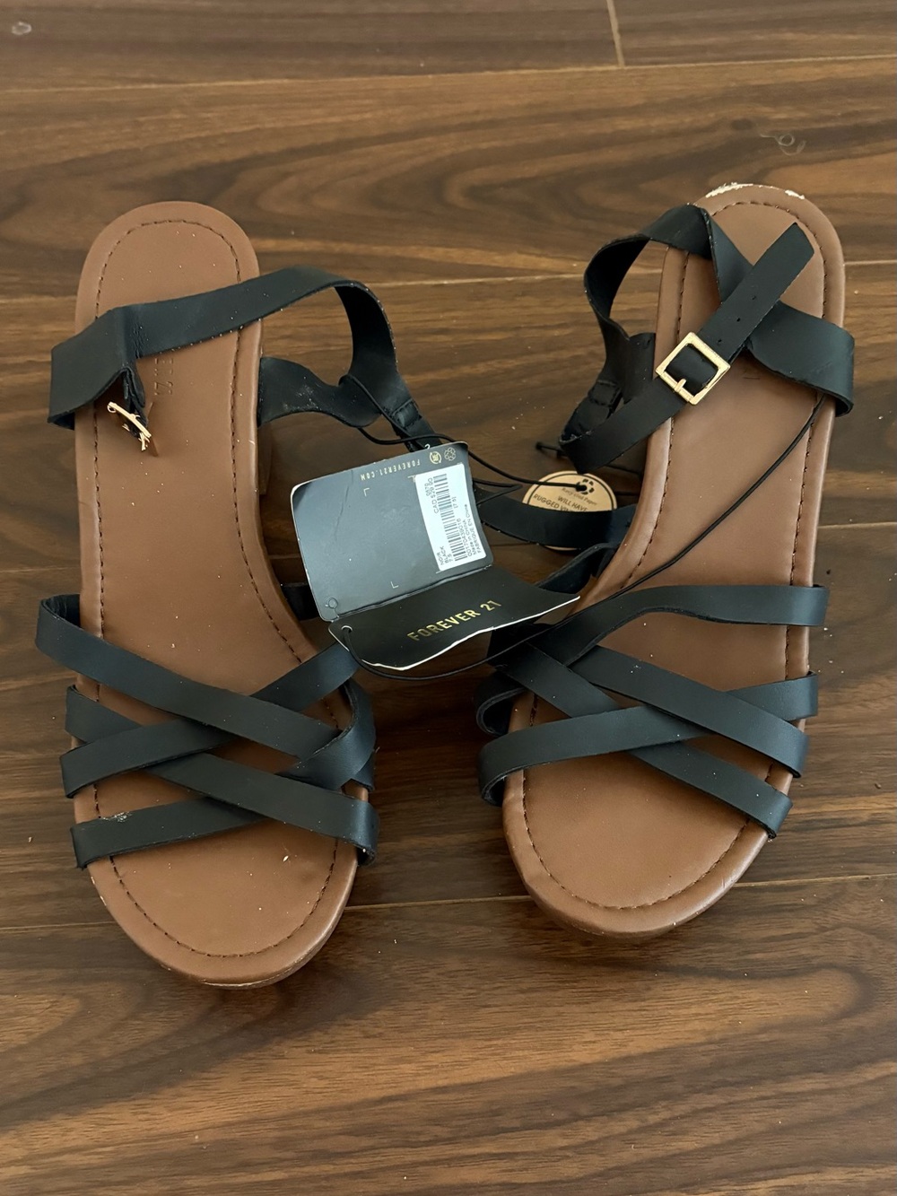 Forever 21 Black Strappy Sandals with Brown Footbed